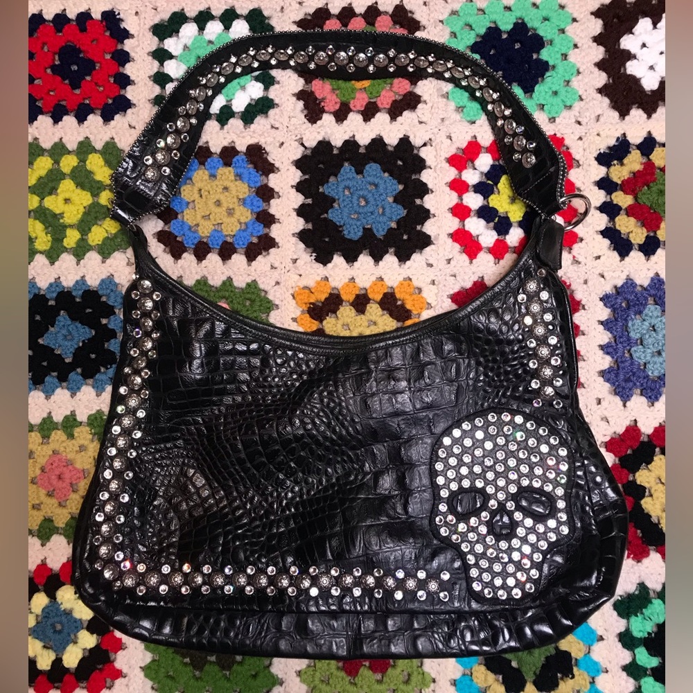 KurtMen design Black Rhinestone Skull textured Handbag Purse Halloween Luxury
